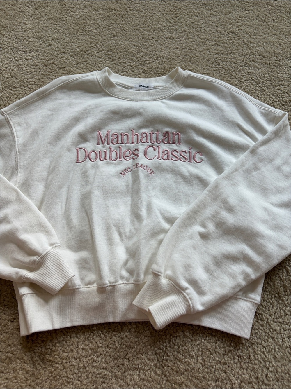 Garage Cream Crewneck Sweatshirt with Pink Embroidery